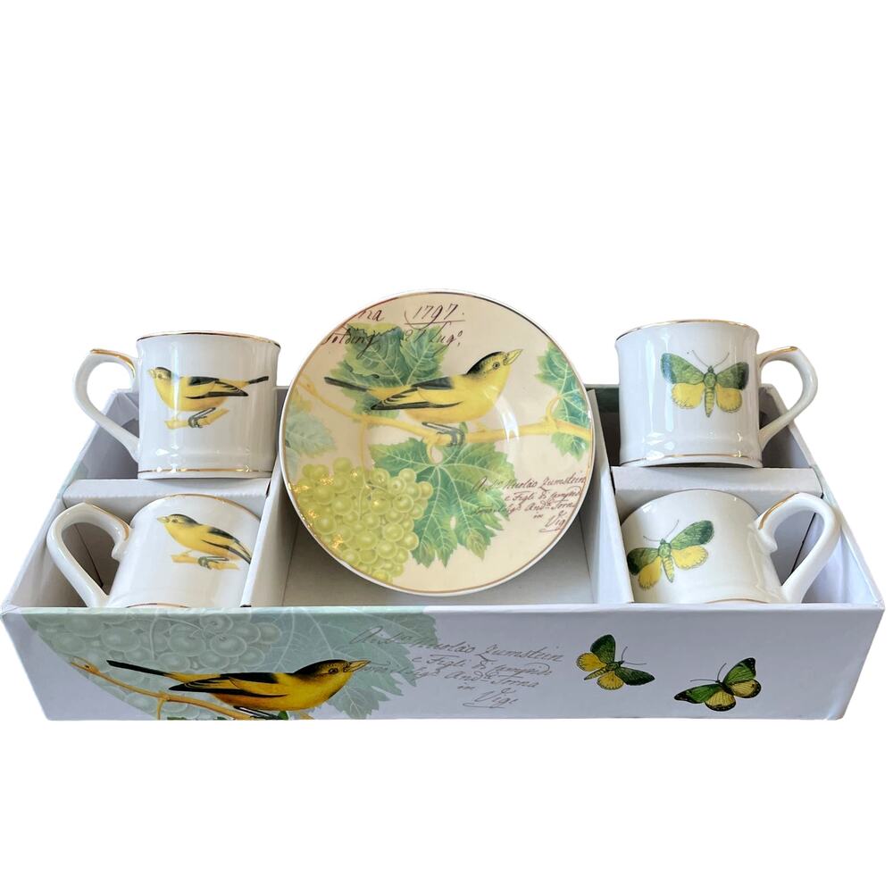 GRACE TEAWARE Porcelain Espresso Cups & Saucers Bird Butterfly Set of 4 NEW
